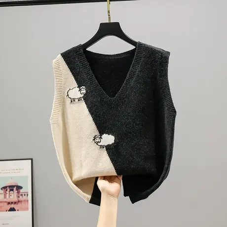 2023春装新款韩版宽松卡通无袖针织衫女外搭背心V领毛衣上衣套头商品大图