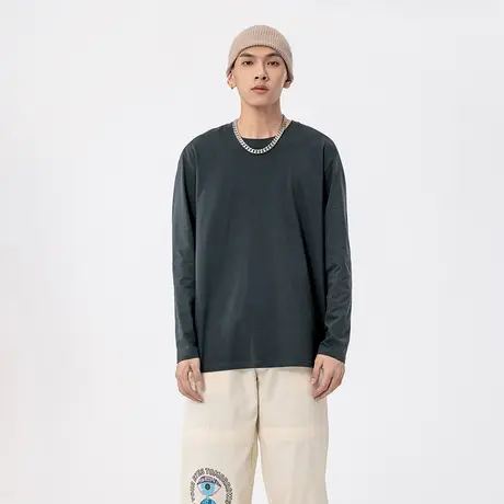 秋冬新款潮牌纯棉长袖T恤男打底衫简约圆领宽松休闲大码体恤男商品大图