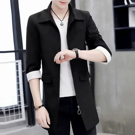 七分袖男士中长款韩版中袖衬衫领西装风衣外套潮夏季薄款大衣披风图片