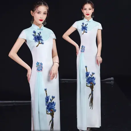 2025新款走秀演出旗袍改良礼仪迎宾服雪纺飘优雅年会礼服舞台走秀图片