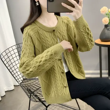 2023秋冬新款圆领洋气麻花毛针织衫开衫外套女韩版宽松长袖毛衣潮图片