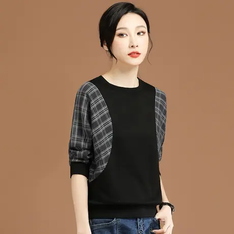 韩潮袭人格子拼接蝙蝠袖圆领套头卫衣女2024春季新款长袖t恤上衣图片