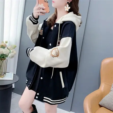 加绒加厚拼色棒球服外套女秋冬2023年新款宽松学院风连帽开衫卫衣商品大图