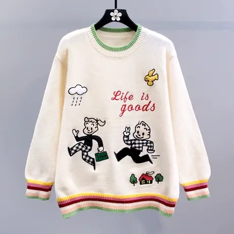 日系刺绣趣味卡通毛衣女秋冬2023新款宽松设计感减龄套头针织衫商品大图