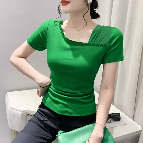 性感网纱拼接T恤女短袖时尚钉珠小衫气质露锁骨上衣百搭显瘦体恤商品大图