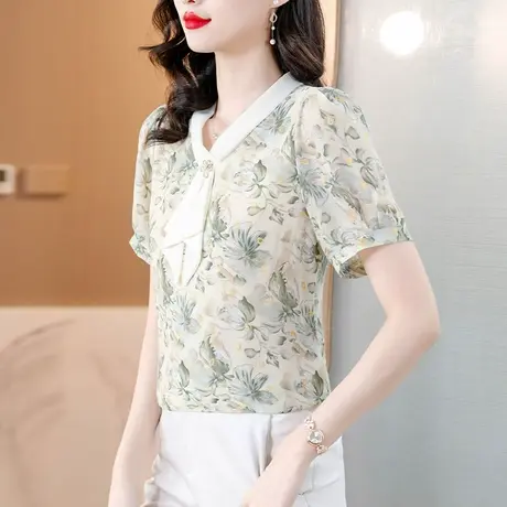 夏季女士短袖雪纺衫2023新款夏装印花洋气宽松别致气质减龄小衫女商品大图