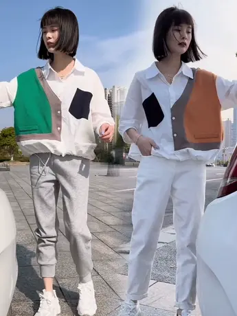 2023年春秋新款洋气设计感欧货拼接撞色衬衣欧洲站女装衬衫女潮牌图片