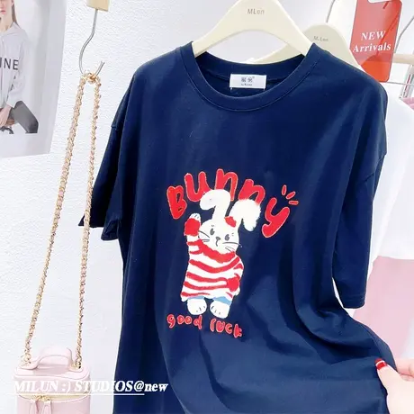 韩国东大门短袖上衣2023春夏新款ins日系甜美兔子T恤衫可爱休闲商品大图