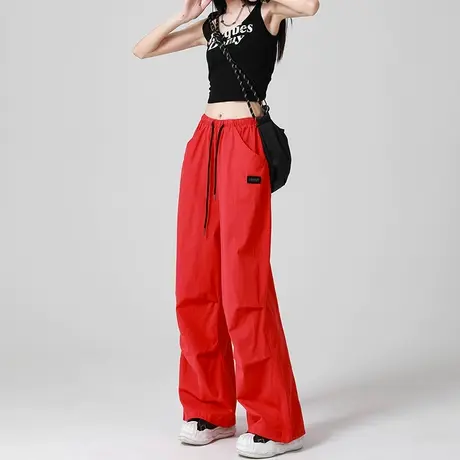 红色工装阔腿裤女小众2023年春秋新款高腰宽松显瘦休闲两穿束脚裤商品大图
