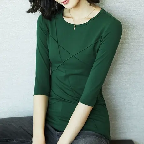 雀后秋季新款中袖T恤七分袖女修身百搭绿色体恤大码港风圆领上衣商品大图