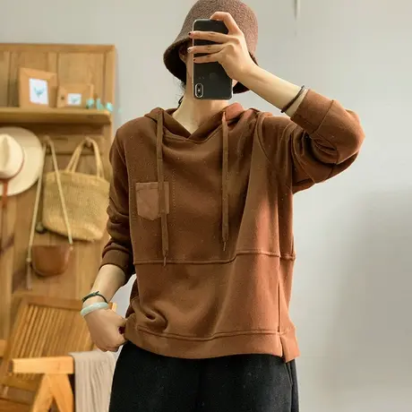dza 复古口袋连帽加绒卫衣女2023冬季新款宽松长袖文艺百搭上衣女商品大图