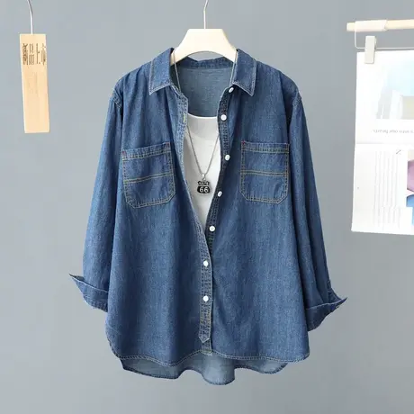 深蓝色牛仔衬衣复古港风外套衬衫女叠穿春秋2024年新款小个子上衣商品大图