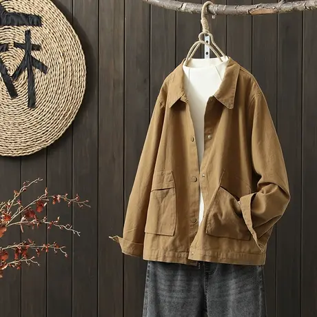 枫谜2022秋季新款复古斜纹棉纯色大口袋短外套休闲工装上衣图片