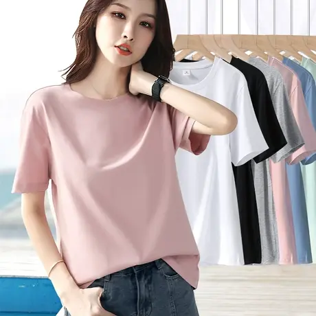 粉色t恤女夏季短袖2024新款宽松休闲打底衫外穿纯棉显瘦半袖体恤商品大图