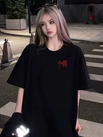 盐系黑色仿棉短袖t恤女款夏季宽松显瘦高级感大码正肩上衣服ins潮图片