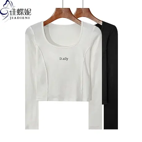 秋季新款U领修身短款纯欲纯棉拼接撞色印花长袖体恤上衣女打底衫商品大图
