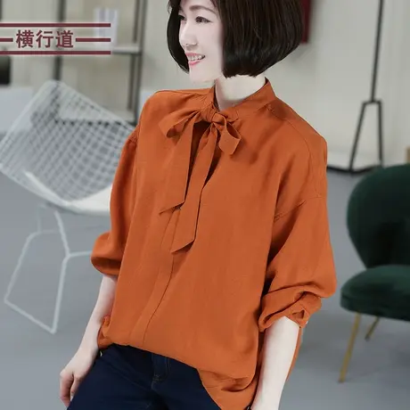 2024春装新款大码女上衣纯色立领长袖黑色衬衫蝴蝶结休闲宽松衬衣图片