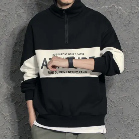 2021新款卫衣男士潮牌亨利领拼色宽松摇粒绒加厚纯色外套保暖立领图片