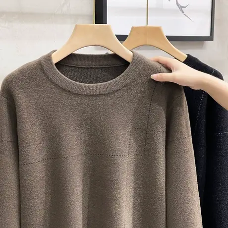 肌理感仿羊绒重磅厚实男士毛衣秋冬季线条加厚圆领宽松打底针织衫商品大图