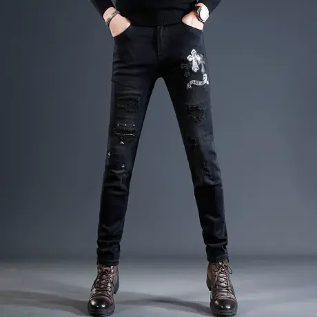 黑色破洞牛仔裤男2023秋冬新款时尚补丁潮流修身小脚弹力刺绣裤子商品大图