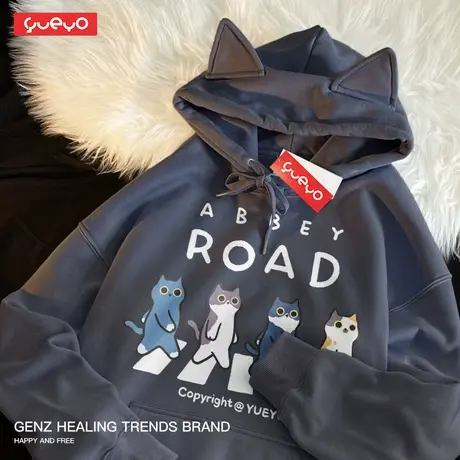 悦游 披头士猫 文艺中性猫耳套头连帽卫衣猫咪原创日系套头加绒男商品大图