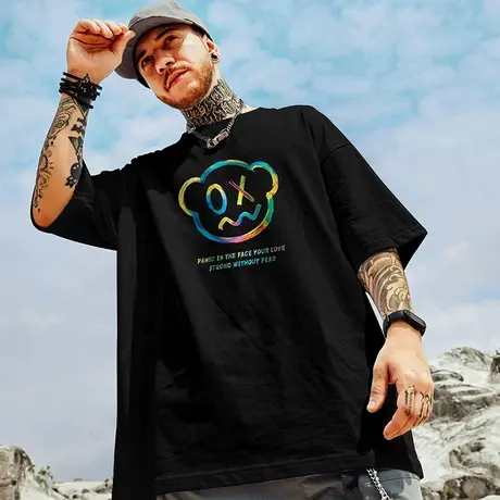 潮牌加肥加大码男装黑色小熊半袖涂鸦印花宽松夏款情侣短袖T恤潮商品大图