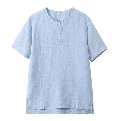萨法瑞断码亚麻短袖衬衫男休闲宽松圆领夏季上衣棉麻日系复古衬衣图片