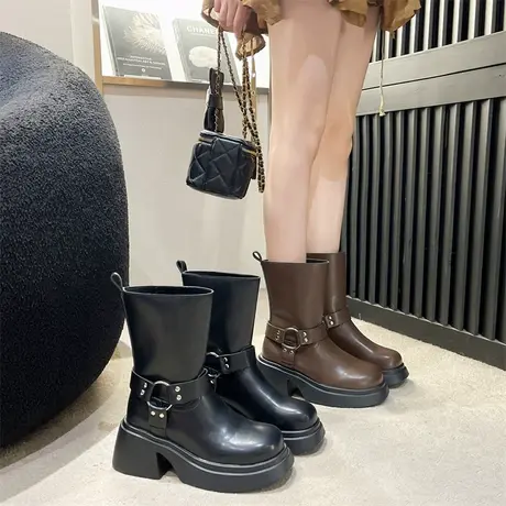 靴子女2023新款英伦风机车小短靴秋季粗跟高跟鞋法式显瘦马丁女靴商品大图