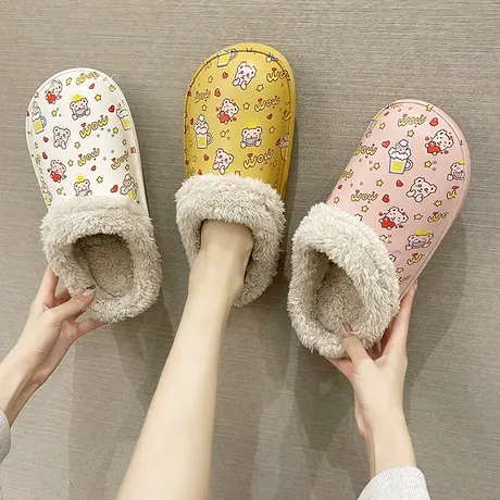 可爱印花防水棉拖鞋女秋冬季居家用防滑室内外穿保暖情侣毛绒拖鞋商品大图