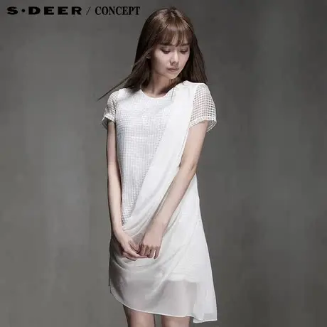 sdeer圣迪奥2018夏季女装方格欧根纱雪纺拼接连衣裙S15281223图片