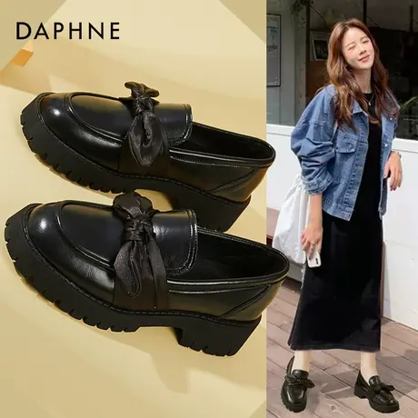 达芙妮乐福鞋女真皮2022新款英伦风厚底小皮鞋黑色jk蝴蝶结单鞋子图片
