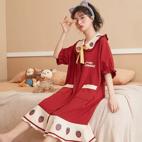 北极绒睡衣女两件套装大码短袖纯棉睡裙2021年新款家居服夏季薄款商品大图