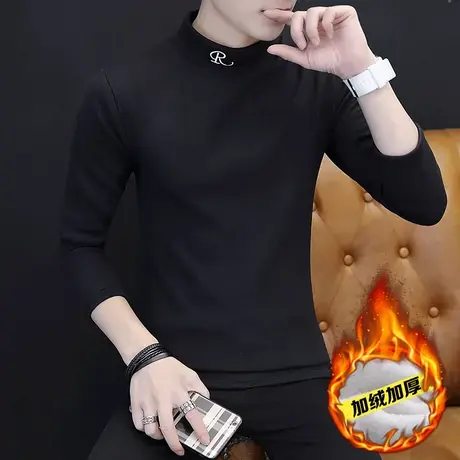 长袖T恤男加绒加厚高领男装青少年休闲冬装潮流修身保暖衣服卫衣商品大图