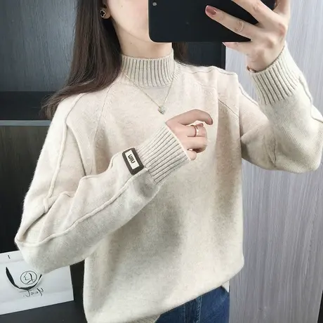 2024新款秋冬季宽松打底衫加厚半高领毛衣女士简约百搭针织衫上衣图片