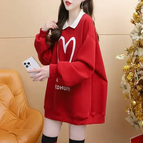 韩版慵懒风POLO领加绒加厚卫衣女2024年春季新款时尚减龄百搭上衣图片