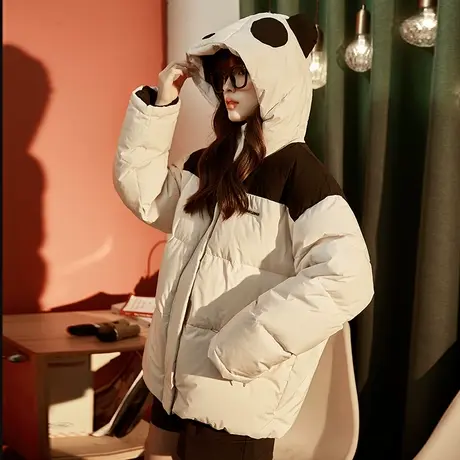 唐狮冬装女羽绒服短款连帽撞色拼接设计感小众保暖厚外套轻暖舒适图片