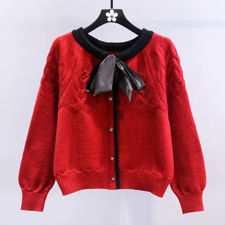 新年系带蝴蝶结毛衣外套女冬季2023新款宽松设计感洋气针织开衫商品大图