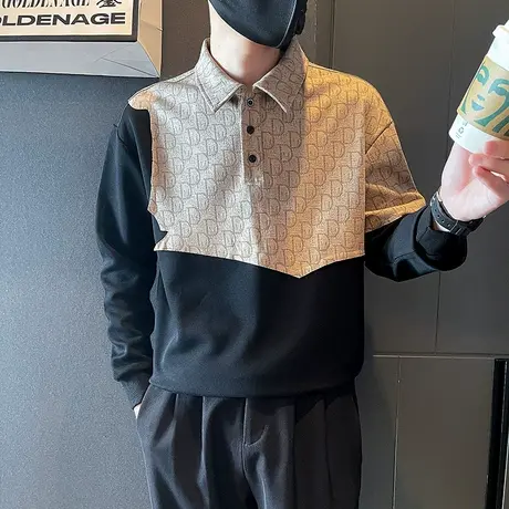 套头字母拼接POLO衫男卫衣秋季2023潮流不规则长袖T恤上衣打底衫商品大图