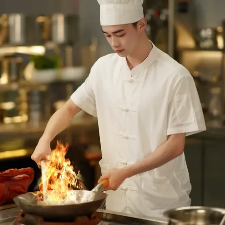 中式春夏厨师肤短袖男女工作服烧烤饭店餐厅学校食堂厨房印绣logo商品大图