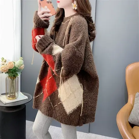 美拉德菱格手工串绳圆领毛衣女秋冬2023年新款宽松慵懒风加厚上衣商品大图