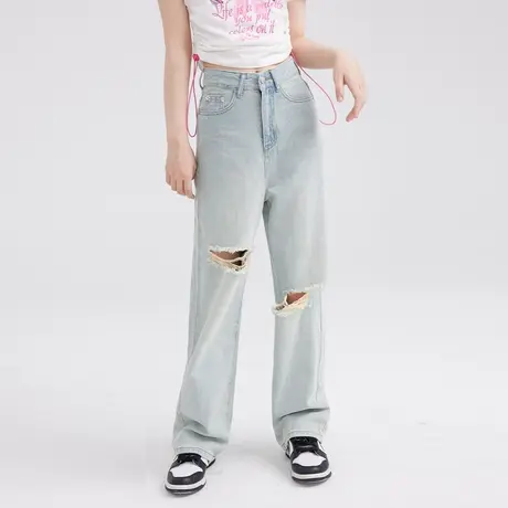 尔给裤子女小众设计感复古直筒高腰破洞牛仔裤女夏季2022年新款商品大图