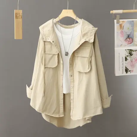 工装风连帽风衣外套女宽松中长款2024新款大码休闲慵懒风春秋大衣图片