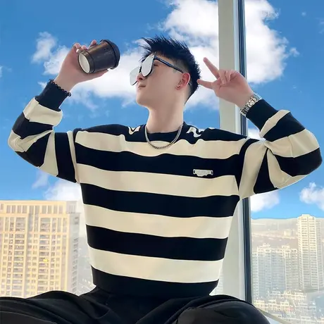 卫衣男春季2024新款ins小众设计感宽松休闲撞色条纹圆领长袖上衣图片