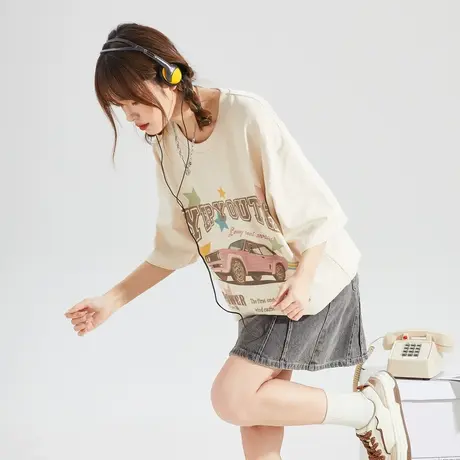 [YEP联名]唐狮美式复古短袖T恤女夏季新款ins潮慵懒休闲圆领上衣x商品大图