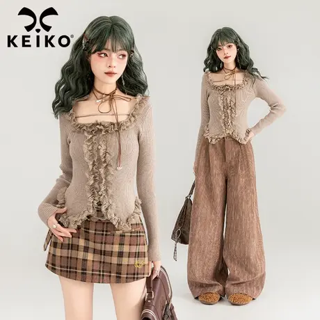 KEIKO 蕾丝花边方领上衣女2024春季纯欲风内搭修身显瘦方领打底衫图片