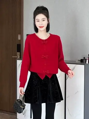 红色毛针织开衫复古中国风新中式盘扣中国结毛衣女2024年春秋新款商品大图