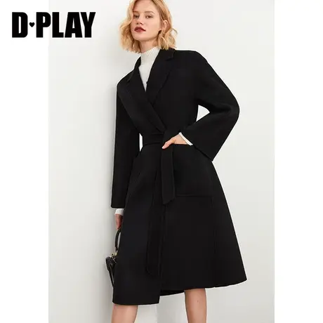 DPLAY秋装新新款简约时尚黑色显瘦H版系带翻驳领双面呢大衣商品大图