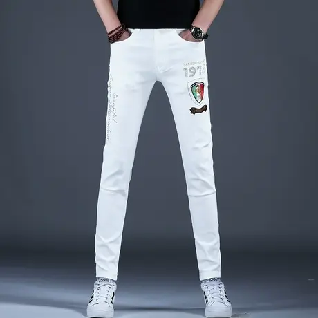 欧洲站时尚烫钻花白色牛仔裤子男款2024新款刺绣修身小脚美式潮牌商品大图