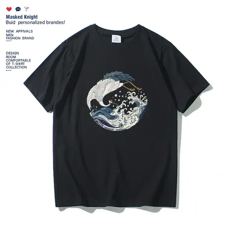 夏季潮牌中国风白鹤海浪印花t恤短袖男国潮学生宽松纯棉圆领体恤图片