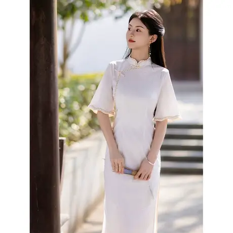 白色旗袍女春夏季新款改良七分袖新中式年轻款少女订婚领证小白裙商品大图